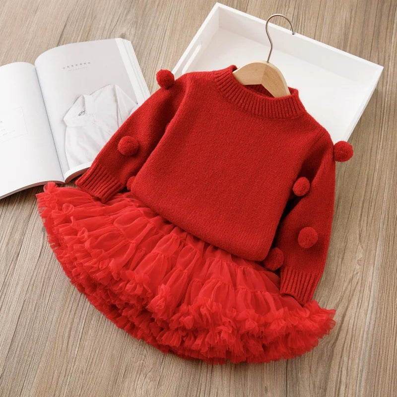 O-Neck Sweater And Tulle Skirt Set