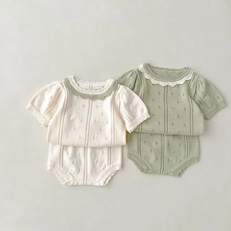 Hollow Out Knit Tee and Short Suit