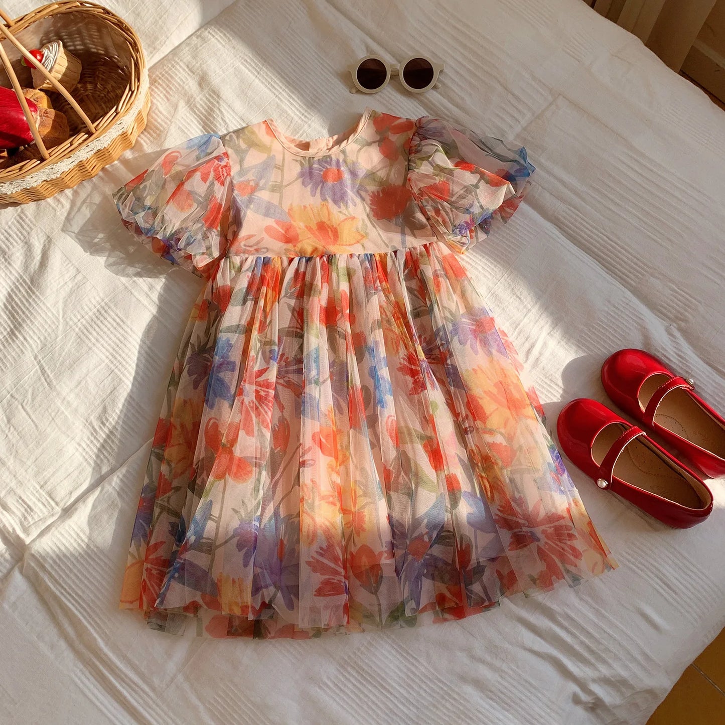 Puff Sleeve Flower Print Mesh Dress