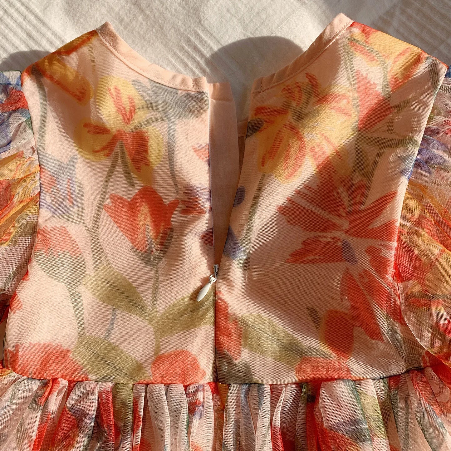 Puff Sleeve Flower Print Mesh Dress