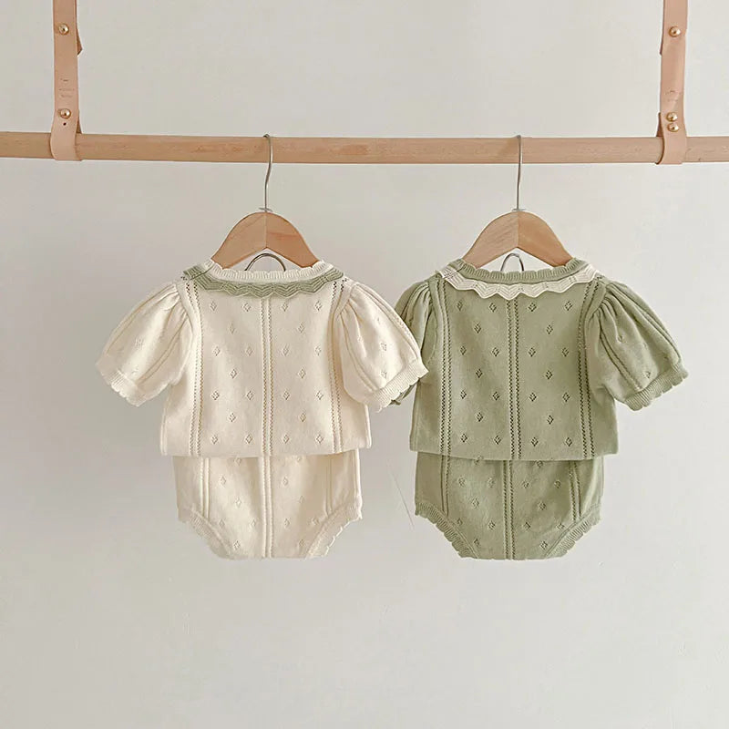 Hollow Out Knit Tee and Short Suit