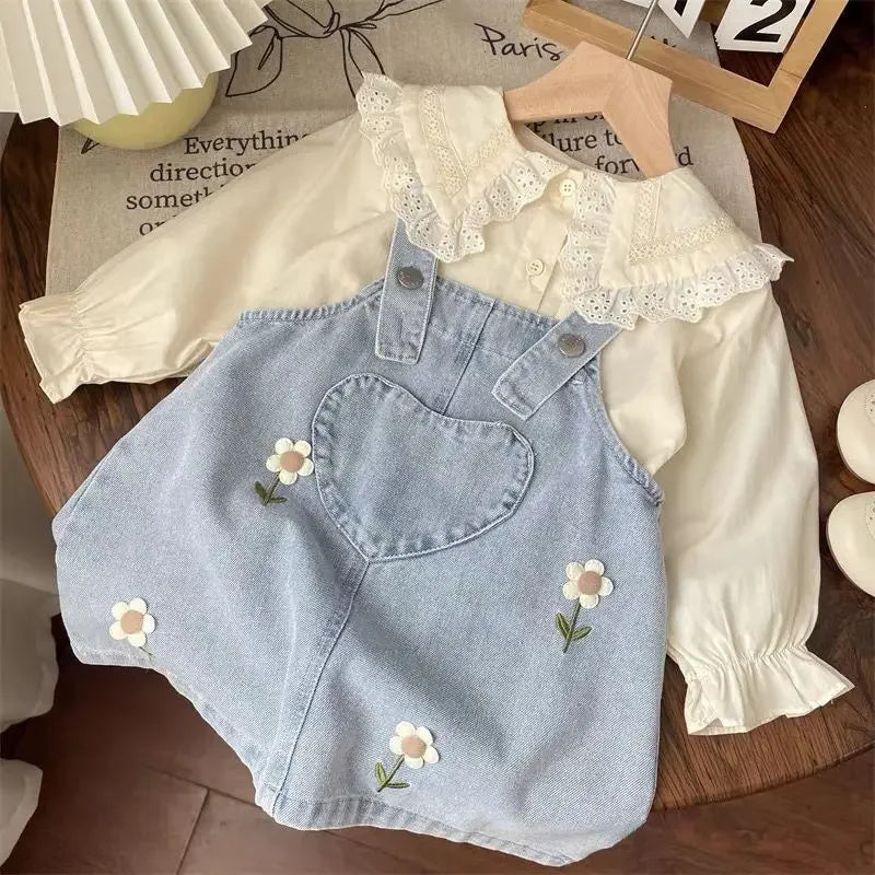 2 Piece Set: Lace Shirt and Daisy Overalls
