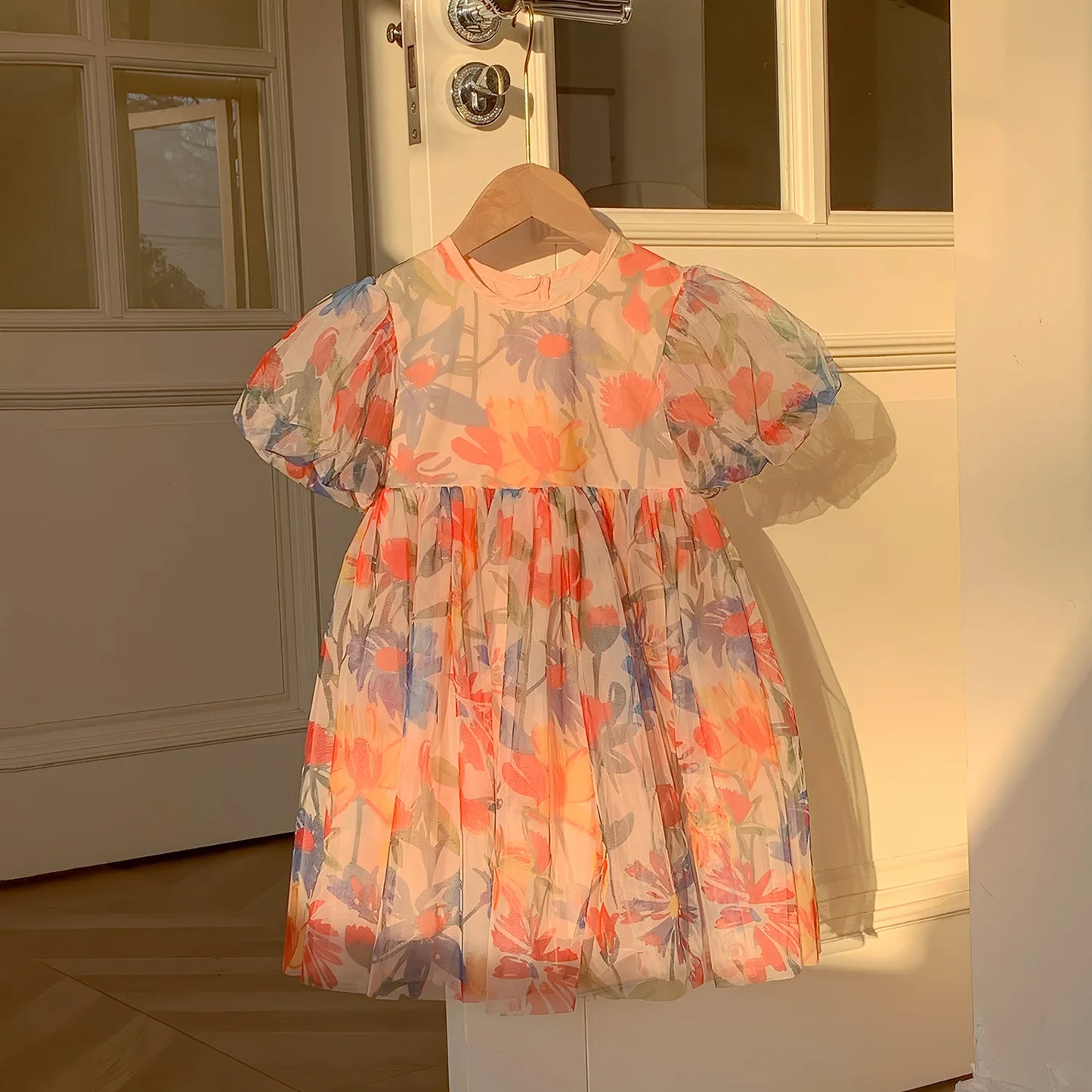 Puff Sleeve Flower Print Mesh Dress