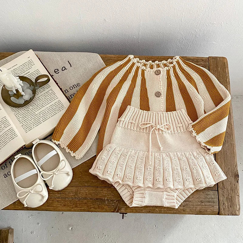 Fashion Striped Sweater Coat And Knit Bloomer