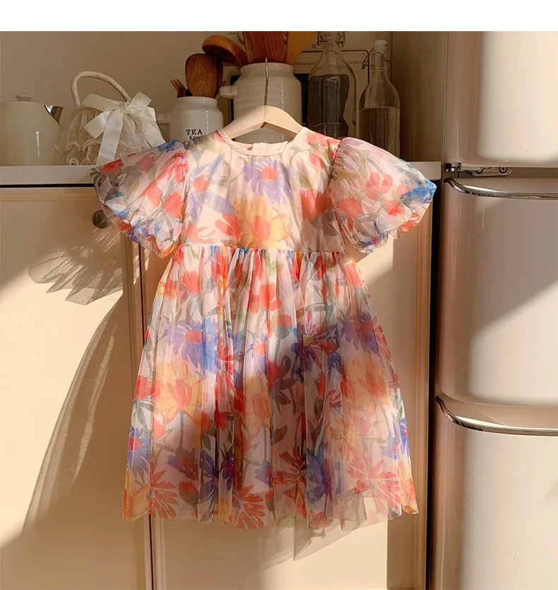 Puff Sleeve Flower Print Mesh Dress