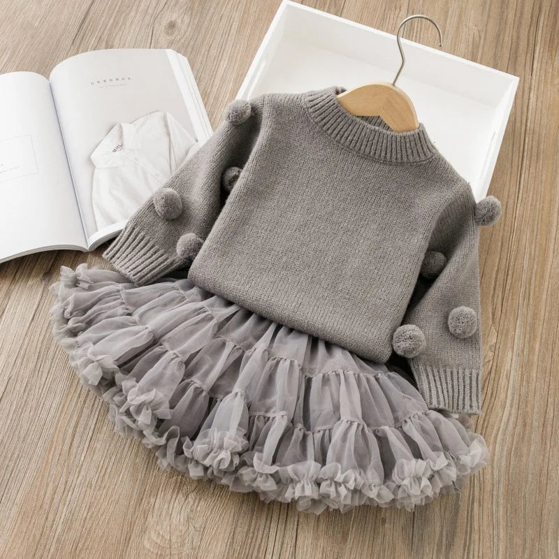 O-Neck Sweater And Tulle Skirt Set