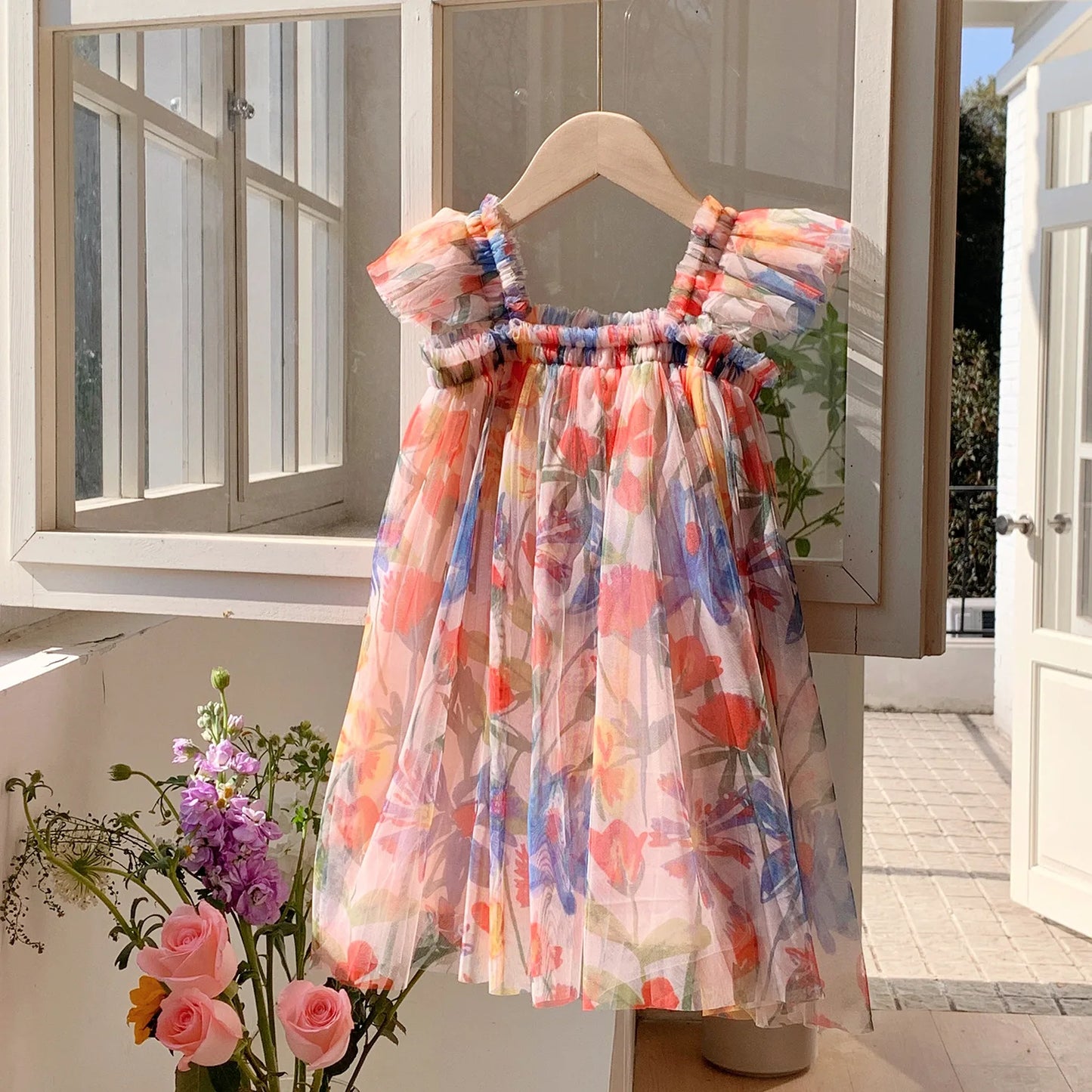 Puff Sleeve Flower Print Mesh Dress