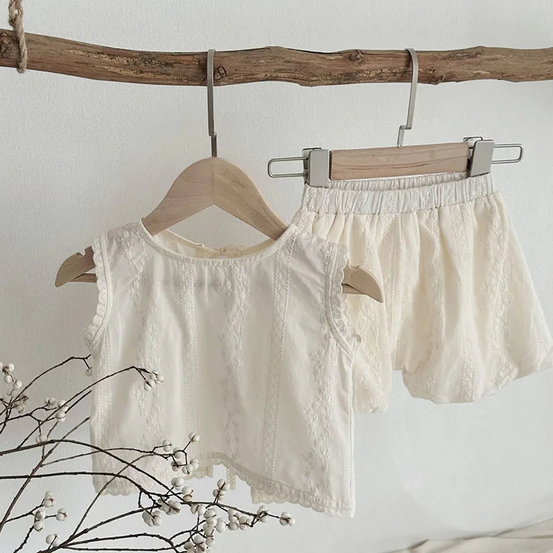 Embroidered Floral Sleeveless Tee and Short Set