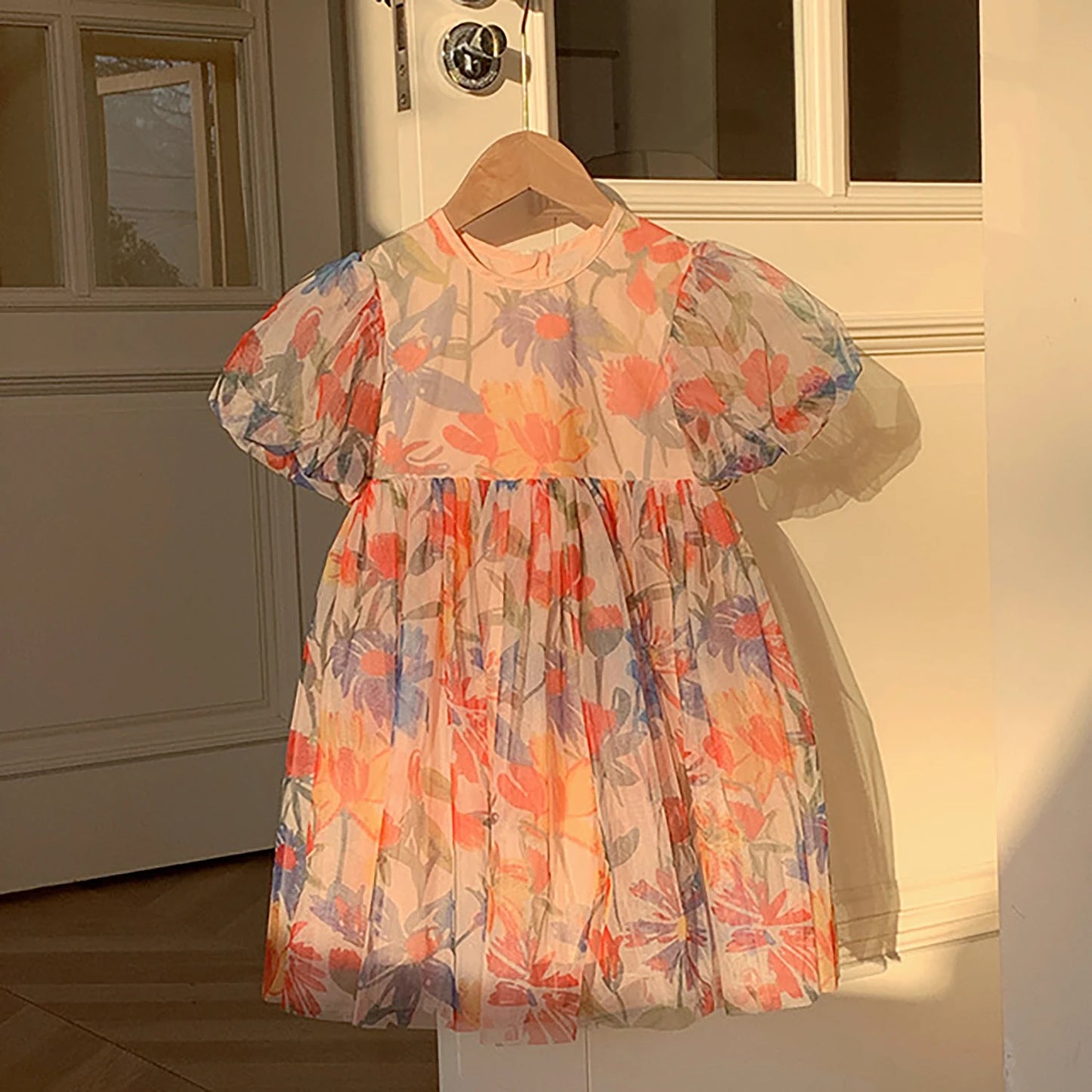 Puff Sleeve Flower Print Mesh Dress