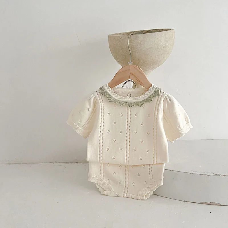 Hollow Out Knit Tee and Short Suit