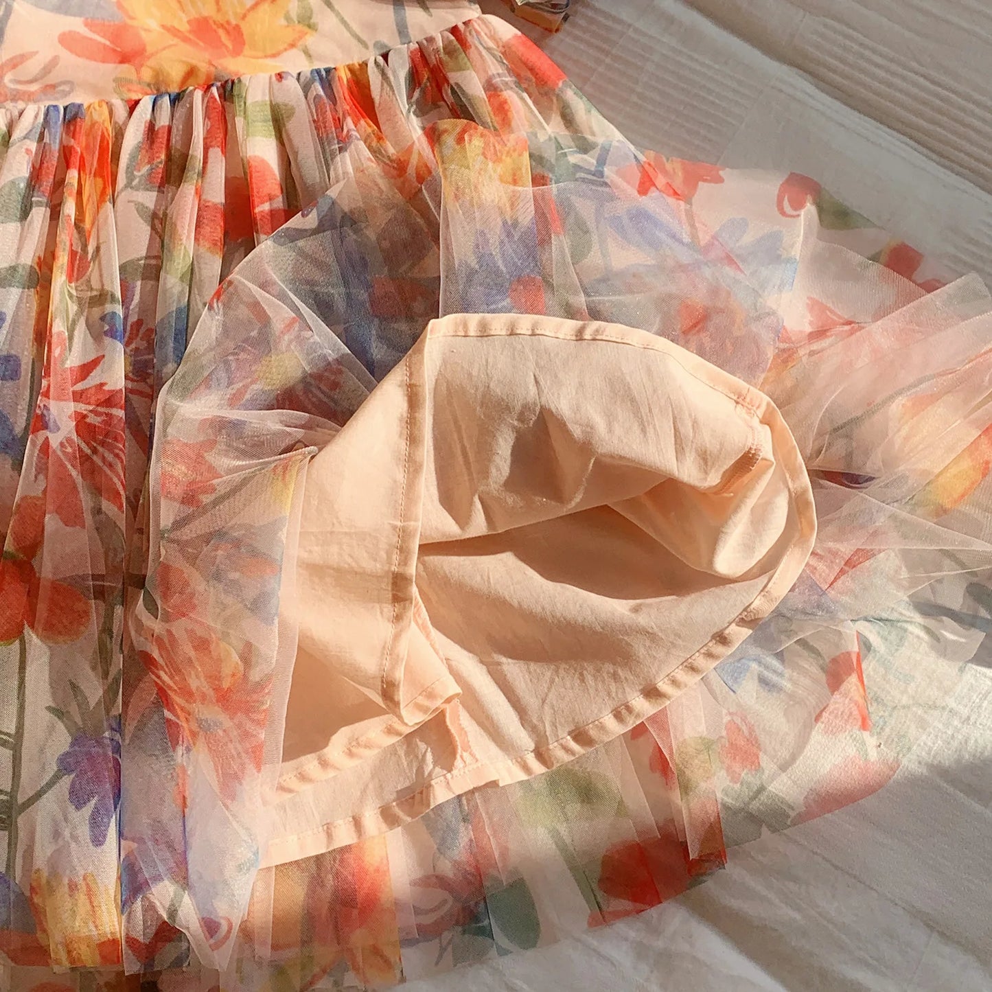 Puff Sleeve Flower Print Mesh Dress
